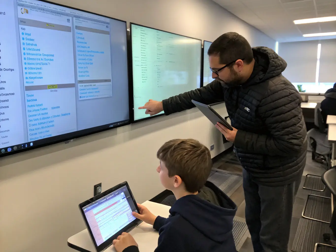 An instructor is explaining a coding concept to a student, using a diagram on a screen. The image represents personalized instruction and mentorship in a programming course.