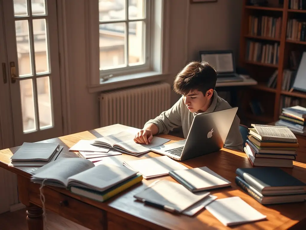 A student is happily coding on a laptop, surrounded by books and notes, in a brightly lit room. The image represents the joy and focus of learning to code.