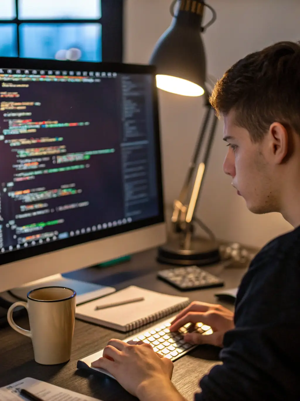 A professional programmer working on a clean, modern code editor, highlighting the focus and concentration required for effective coding, suitable for showcasing career prospects.