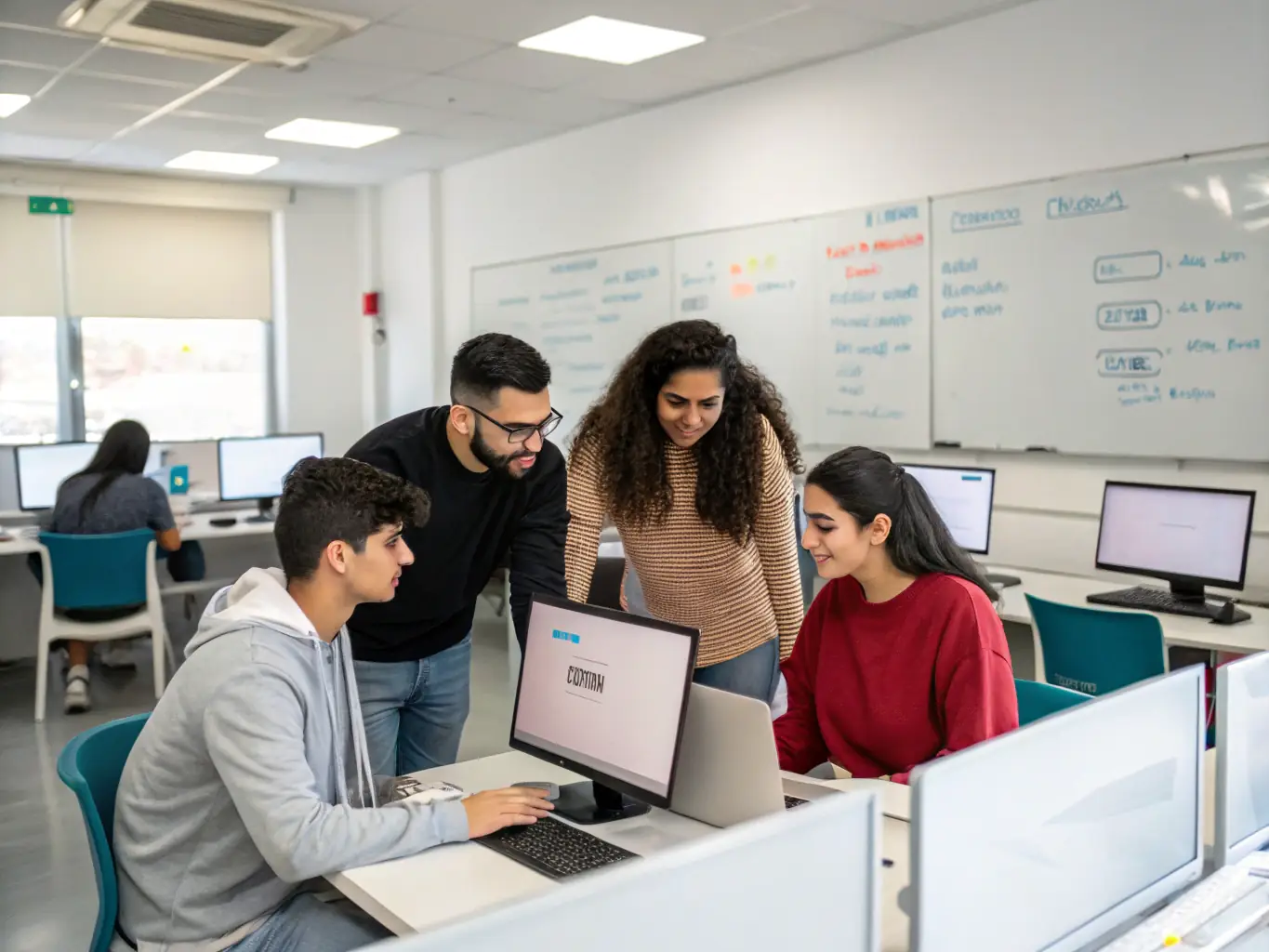 A group of students are collaborating on a coding project, using a whiteboard to brainstorm ideas. The image represents teamwork and problem-solving in a programming context.